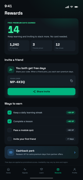 The MarketPro rewards screen showing free premium days earned from referrals, streak rewards and broker cashback